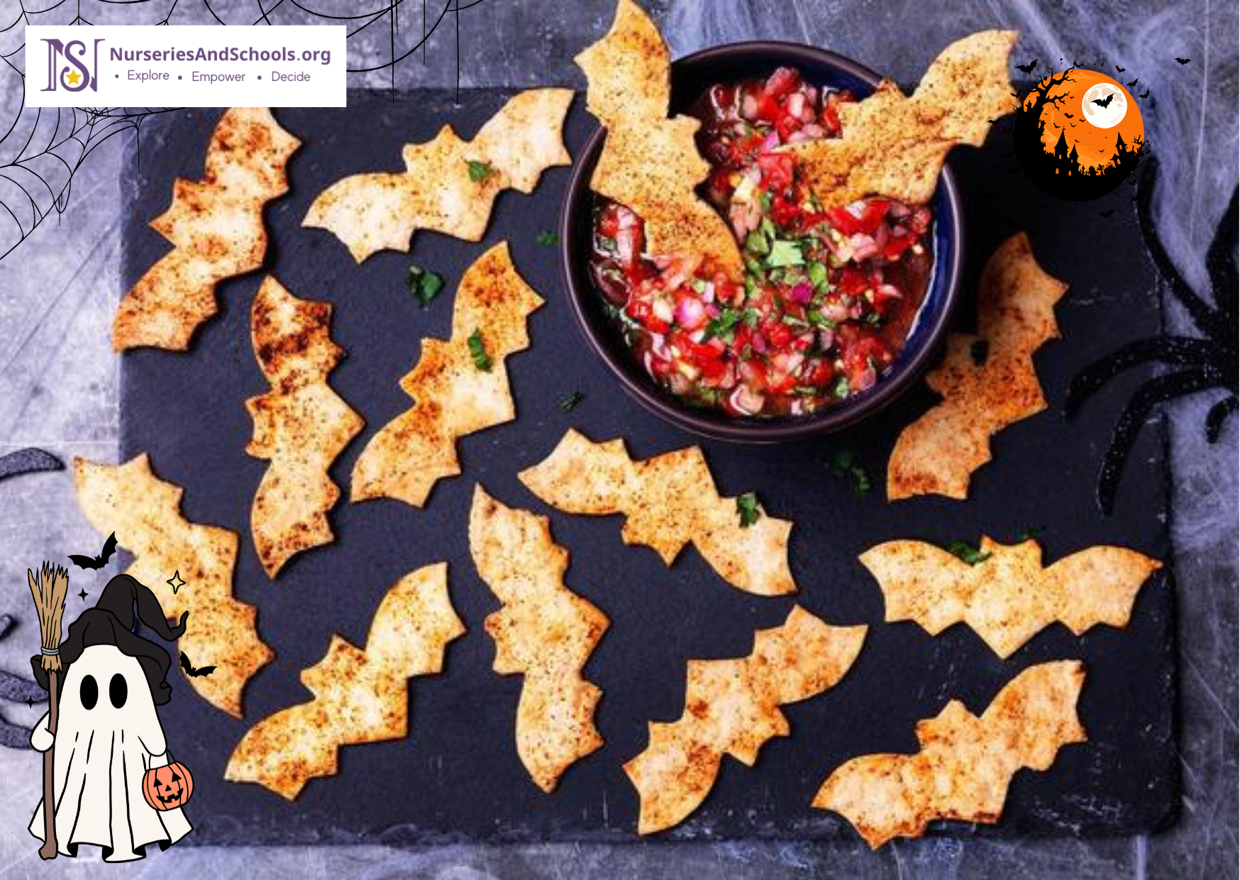 Halloween-themed Spooky Tortilla Bats with Bloody Tomato Salsa